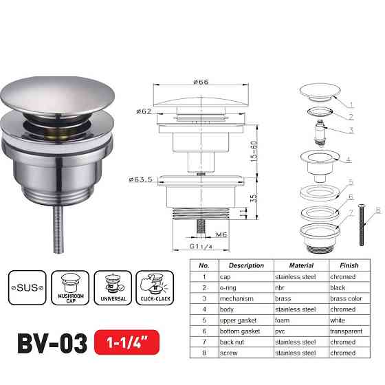 Донний клапан для раковини Zerix BV-03 1 1/4''  універсальний  СLICK-СLACK Колір хром ( 16025 ) Харків