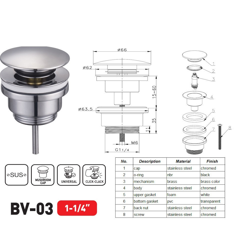 Донний клапан для раковини Zerix BV-03 1 1/4''  універсальний  СLICK-СLACK Колір хром ( 16025 ) Харків - фото 5