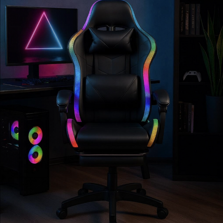 Компютерне ігрове геймерське крісло з підсвітко RGB, крісло для комп'ютера офісне чорне міцне з підставкою для ніг Львів - фото 9