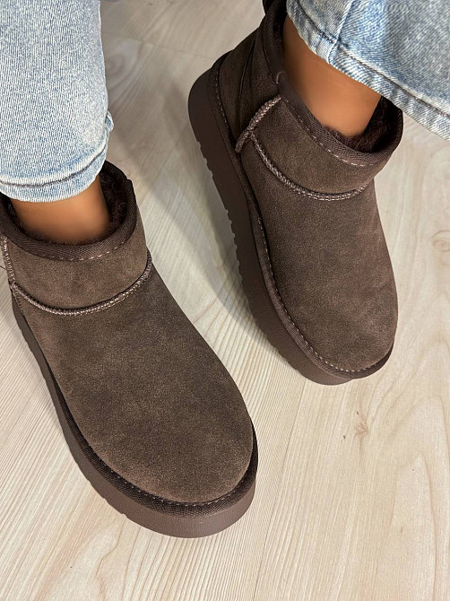 Угги женские Hengji 25-7 натуральная замша короткие на высокой подошве коричневые, 37, 23,5 см Киев - изображение 11