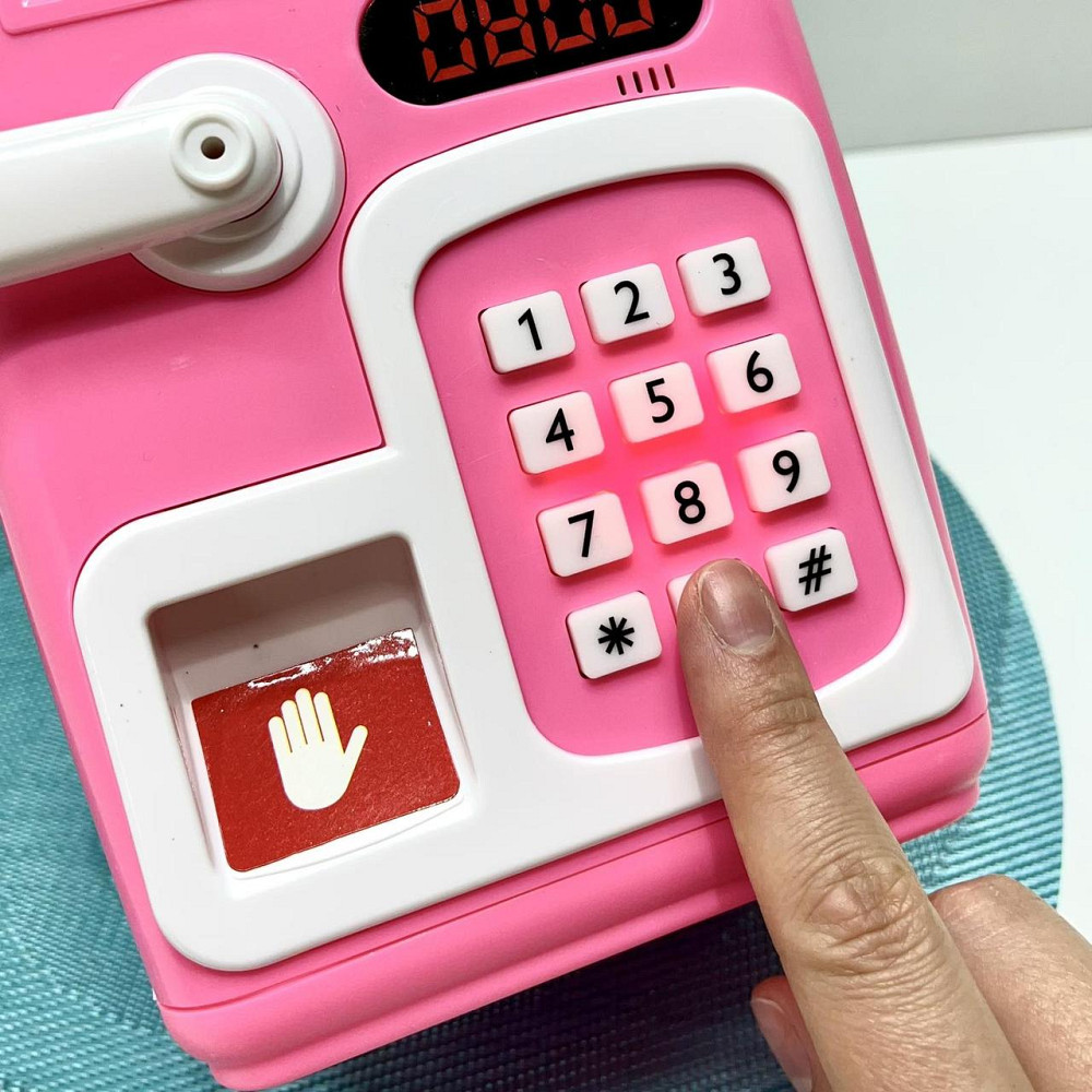 Сейф-скарбничка дитяча зі сканером відбитка пальця та кодовим замком затягує купюри звук підсвічування Рожевий (MK 5411) Чернігів - фото 5