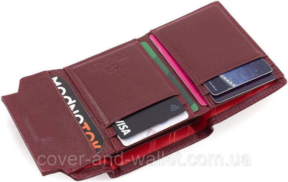 Компактне шкіряне жіноче портмоне бордового кольору Marco Coverna Київ - фото 5