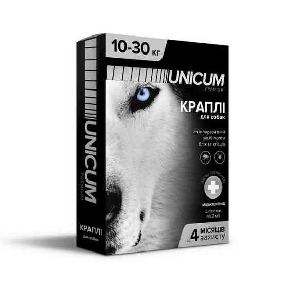 Капли Unicum Premium от блох и клещей для собак весом 10-30 кг (упаковка 3 пипетки) Винница