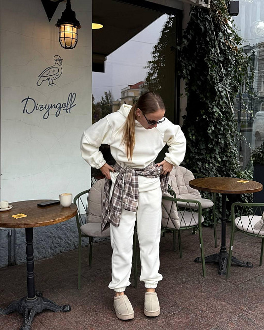 Женский теплый спортивный костюм двойка Двухсторонний плотный флис Молочный, 48/50 Одесса - изображение 5