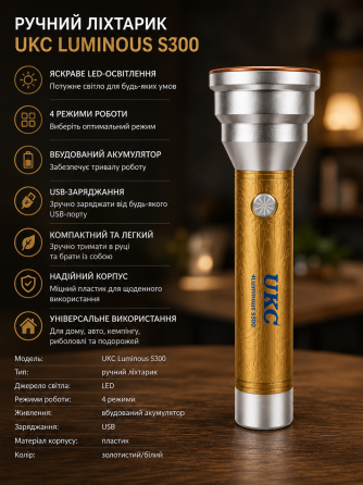 Фонарь ручной S300 аккумуляторный LED с зарядкой Type-C компактный мощный туристический Одесса