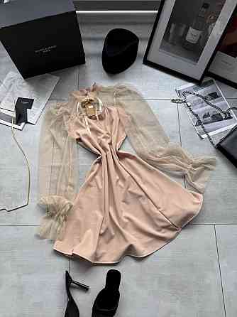 Женское нежное платье с рукавами из сеточки креп дайвинг Бежевый, 46/48 Одесса