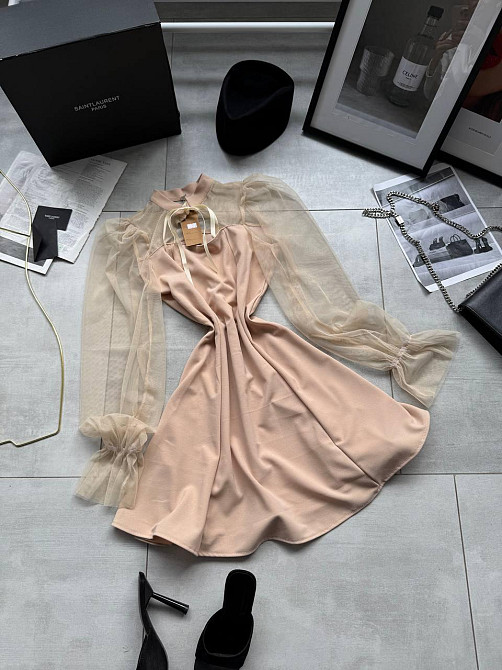 Женское нежное платье с рукавами из сеточки креп дайвинг Бежевый, 46/48 Одесса - изображение 3