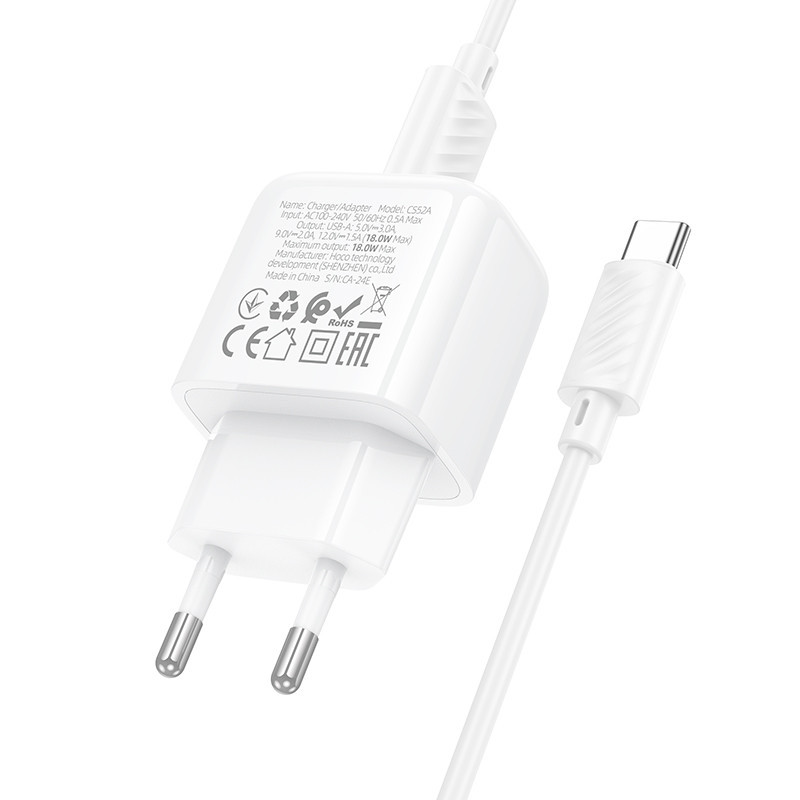 Мережевий зарядний пристрій з кабелем HOCO CS52A Surplus single-port QC3.0 charger set(Type-C) White Одеса - фото 7