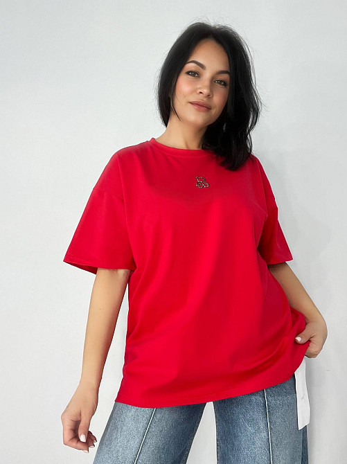Футболка женская A-N 2006 базова широка оверсайз ведмедик камінчики one size, червоний, one size Київ - фото 9