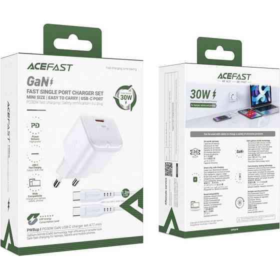Зарядний пристрій USB-C 30W Gan A77 mini + USB-C cable Fast Charger White Acefast Винница