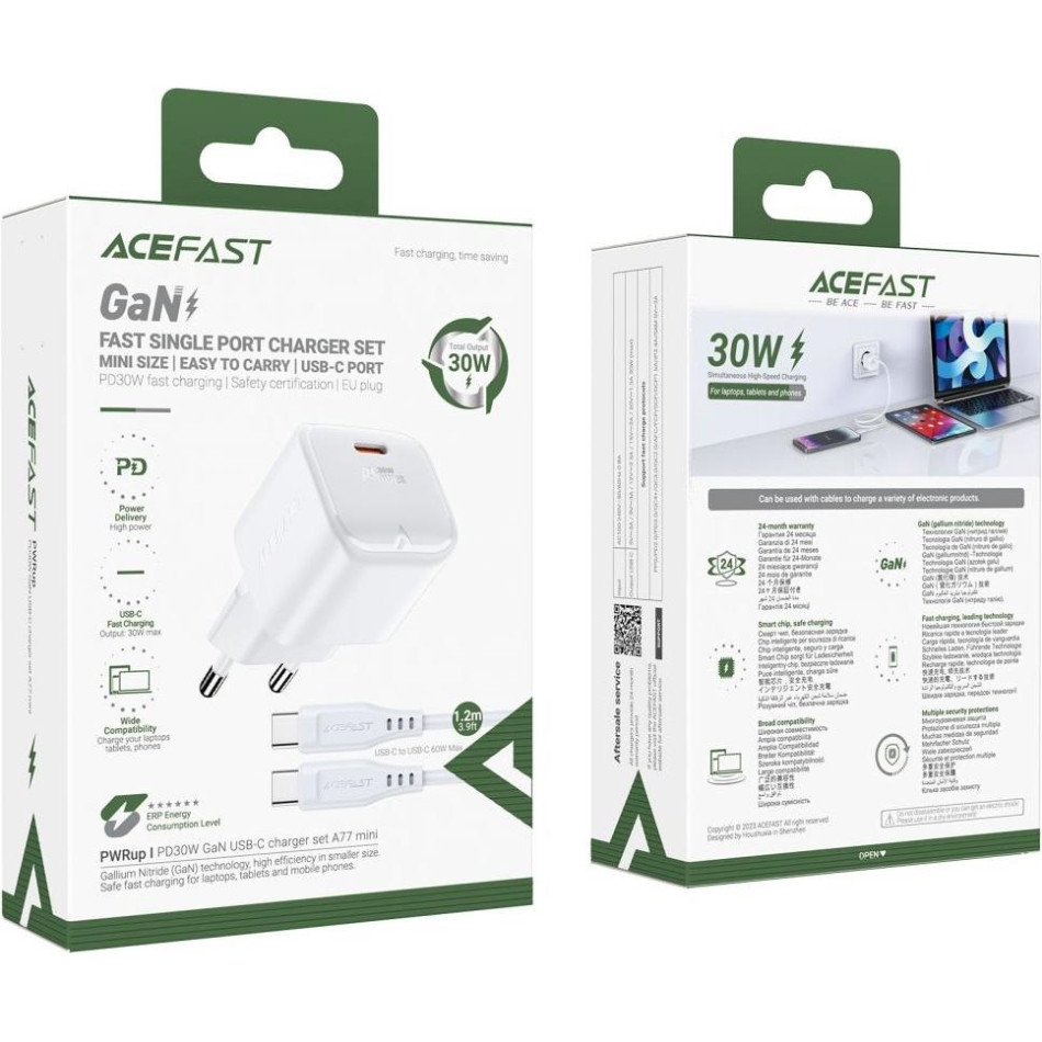 Зарядний пристрій USB-C 30W Gan A77 mini + USB-C cable Fast Charger White Acefast Винница - изображение 4