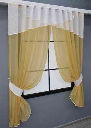Кухонні штори VR-Textil № 091к з ламбрекеном і підв'язками золотистий з білим 280х170 см (52-0733) Київ