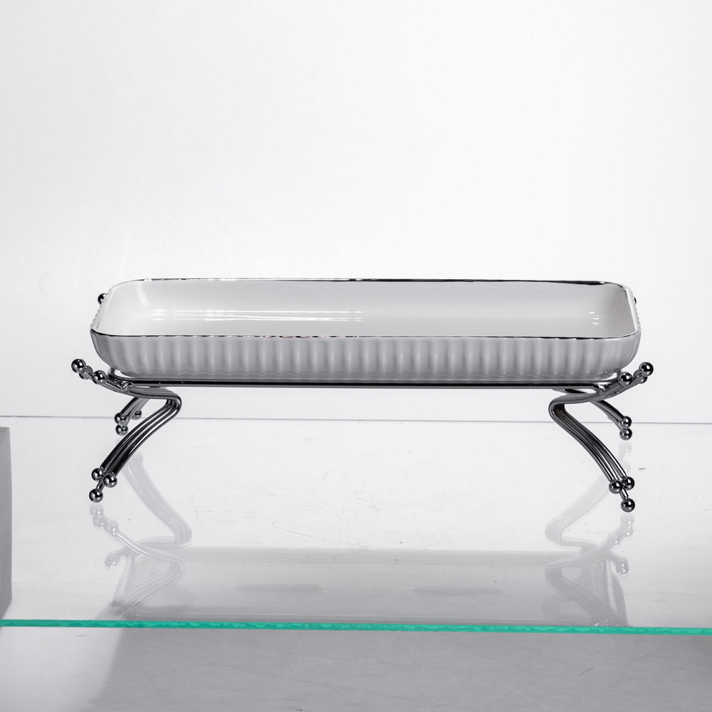 Yiwu Порцелянове блюдо для сервірування на металевій підставці 29,5×12×9 (см) Біле зі сріблом L Коломыя - изображение 1