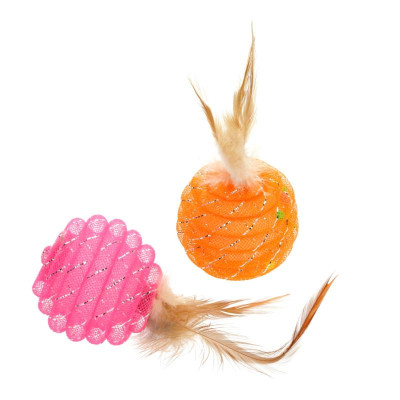 Іграшка для котів Hippie Pet М&apos;ячики з пір&apos;ям, рожевий і помаранчевий 5 см 2 шт (HIPCT18118RO) Вінниця - фото 1