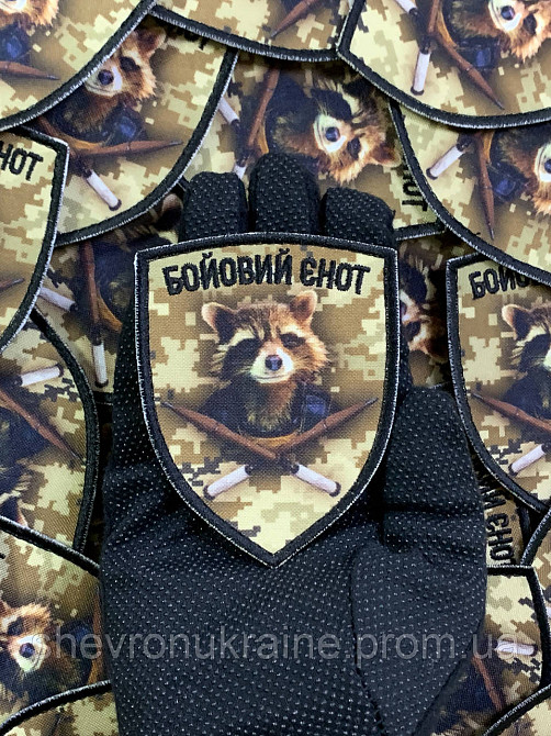 Печатный шеврон боевой енот (Форма щит. На липучке) Размер 9x7см Киев - изображение 6