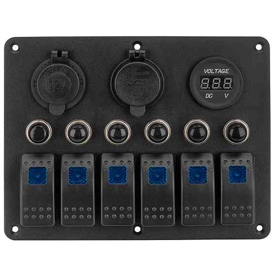 Панель на 6 переключателей автомат 155х115мм + прикуриватель, двойной USB порт, вольтметр HF60-106BU Киев