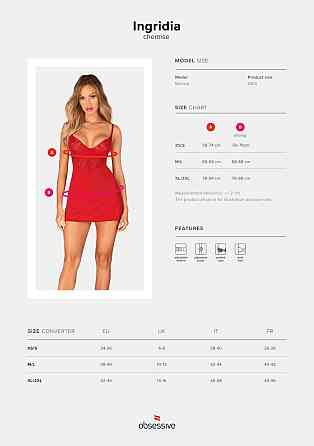 Пеньюар Obsessive Ingridia chemise & thong XL/2XL, червоний, Сорочка, стрінги Sex Aura Київ