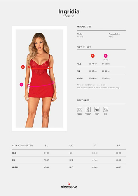 Пеньюар Obsessive Ingridia chemise & thong XL/2XL, червоний, Сорочка, стрінги Sex Aura Київ - фото 5