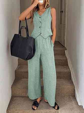 Жіночий базовий брючний костюм-двійка: жилет і штани льон бохо Оливковий, 44/46 Одеса