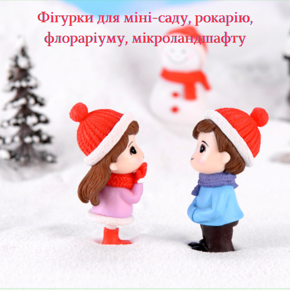 Новогодние фигурки Дети со снеговиком для миниатюры, мини-сада, флорариума, декора интерьера. Набор 3 фигурки Красный Одесса - изображение 6
