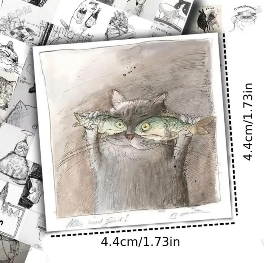 60 шт. черно-белые наклейки с эскизами кошек, смешные наклейки с котами, скикерпак кошки. Киев - изображение 1
