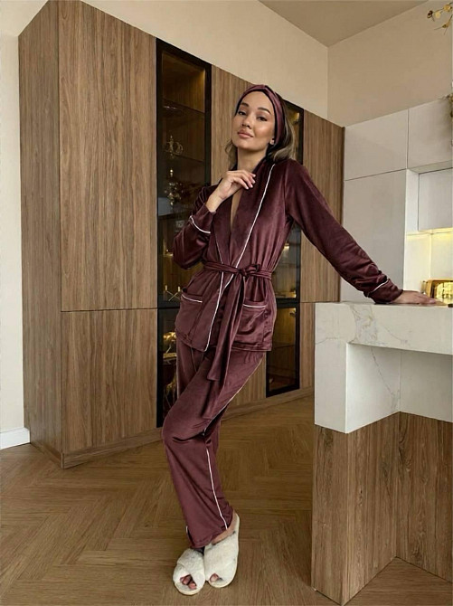 Жіноча затишна піжама: халат-кімоно, штани + пов'язка на голову велюр Шоколад, 42/44 Одеса - фото 6