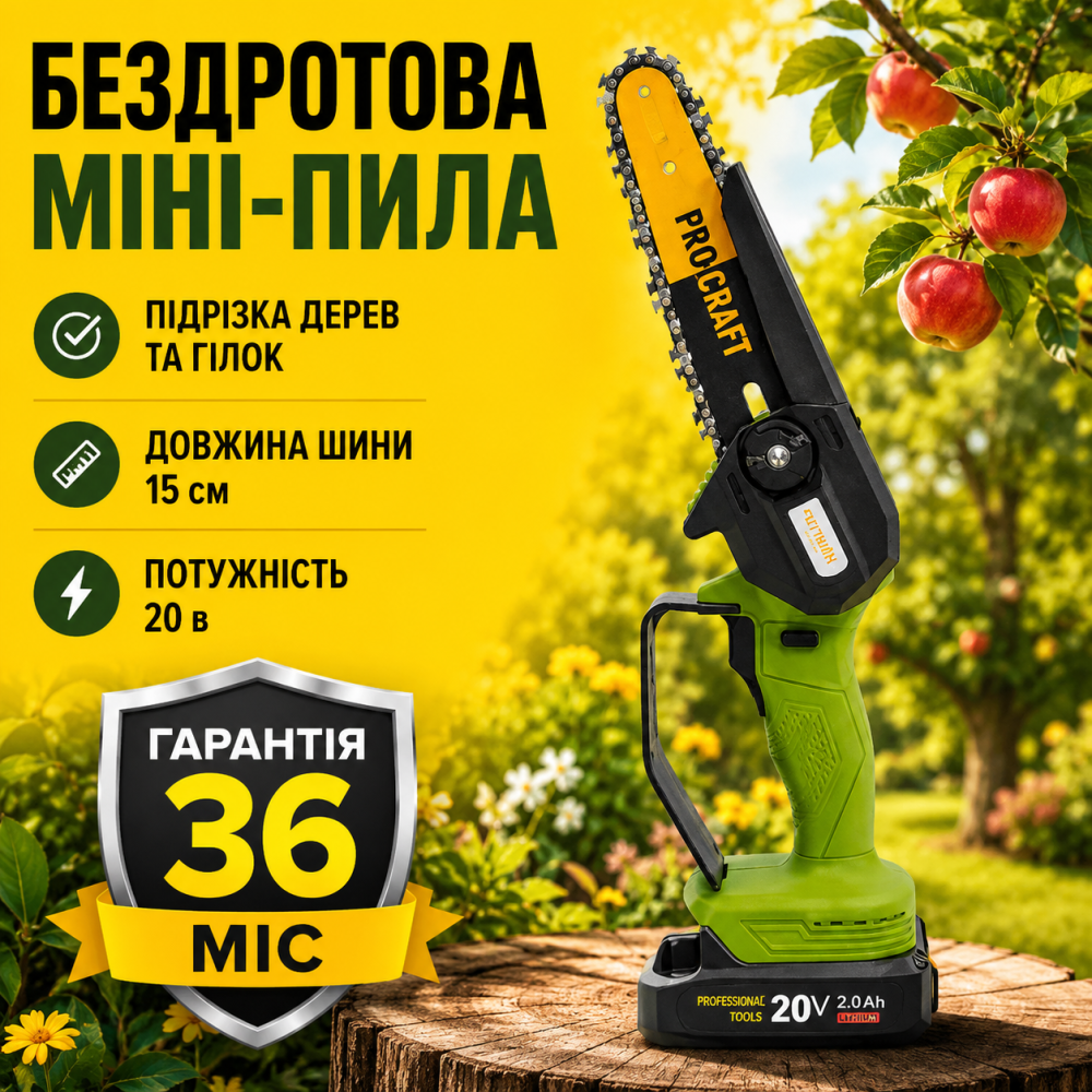 Акумуляторна міні пила Procraft, Міні ланцюгова електропила 6 дюймів, Гілкоріз для саду 3500 об / хв, Мініпила акумуляторна Львів - фото 10