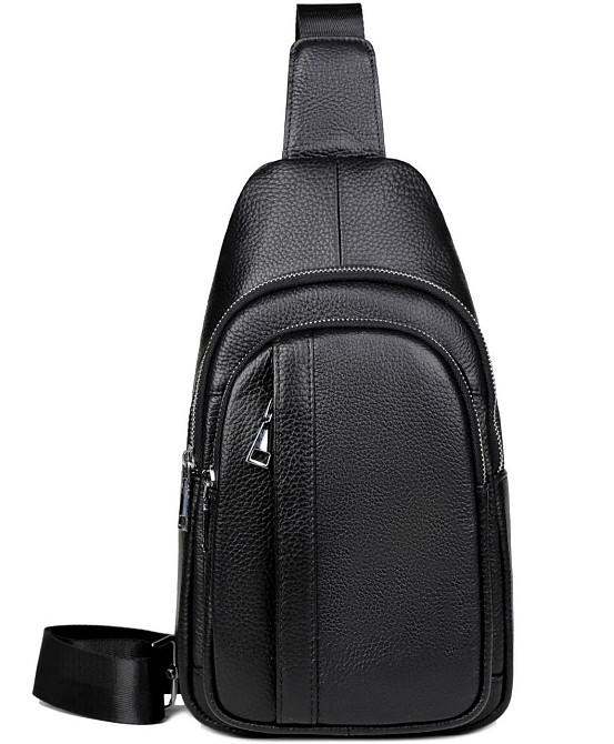 Чоловіча шкіряна сумка-бананка на одне плече 18х32х7, рюкзак слінг для телефону та дрібниці TIDING BAG 83228 чорний Київ - фото 3