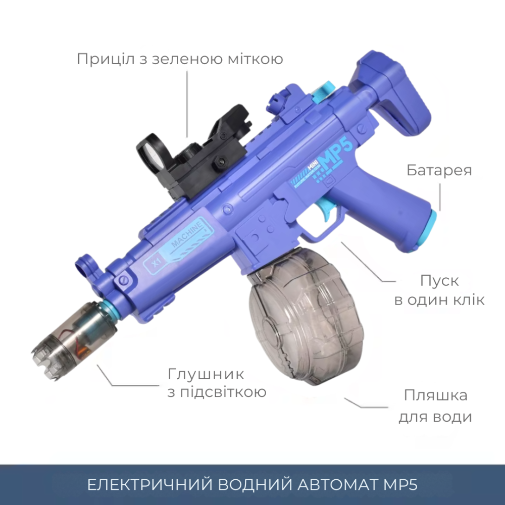 Водный электрический пистолет для детей, водный автомат МР5 на аккумуляторе с подсветкой, фиолетовый Каменец-Подольский - изображение 3