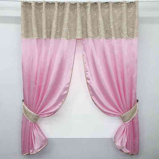 Кухонные шторы VR-Textil № 073к с ламбрекеном и подхватами розовый с серо-бежевым 270х170 см (52-0292) Киев