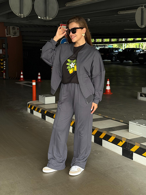 Жіночий трикотажний костюм оверсайз з широкими штанами Графіт XL-2Xl Харків - фото 7