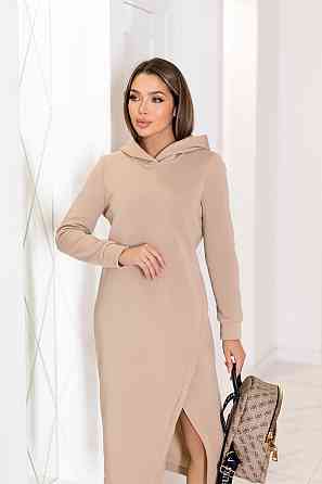 Тепла трикотажна сукня міді з капюшоном "Era" | Норма і батал Бежевий, 50-52 Київ