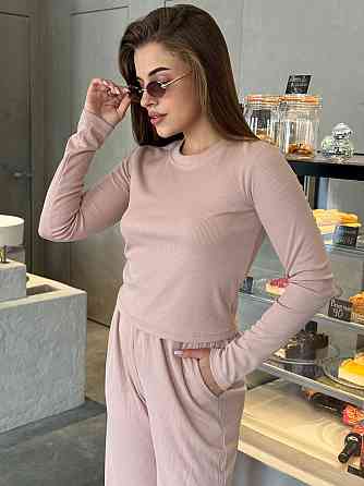 Женский костюм в рубчик с широкими штанами Бежевый M/L Харьков