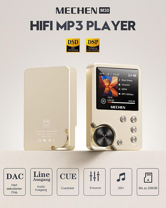 Плеєр MECHEN M30 золотий Hi-Res DSD128 FLAC DAC Lossless портативний 2" дисплей 64 ГБ microSD до 256 ГБ цифровий mp3 аудіоплеєр Київ - фото 6