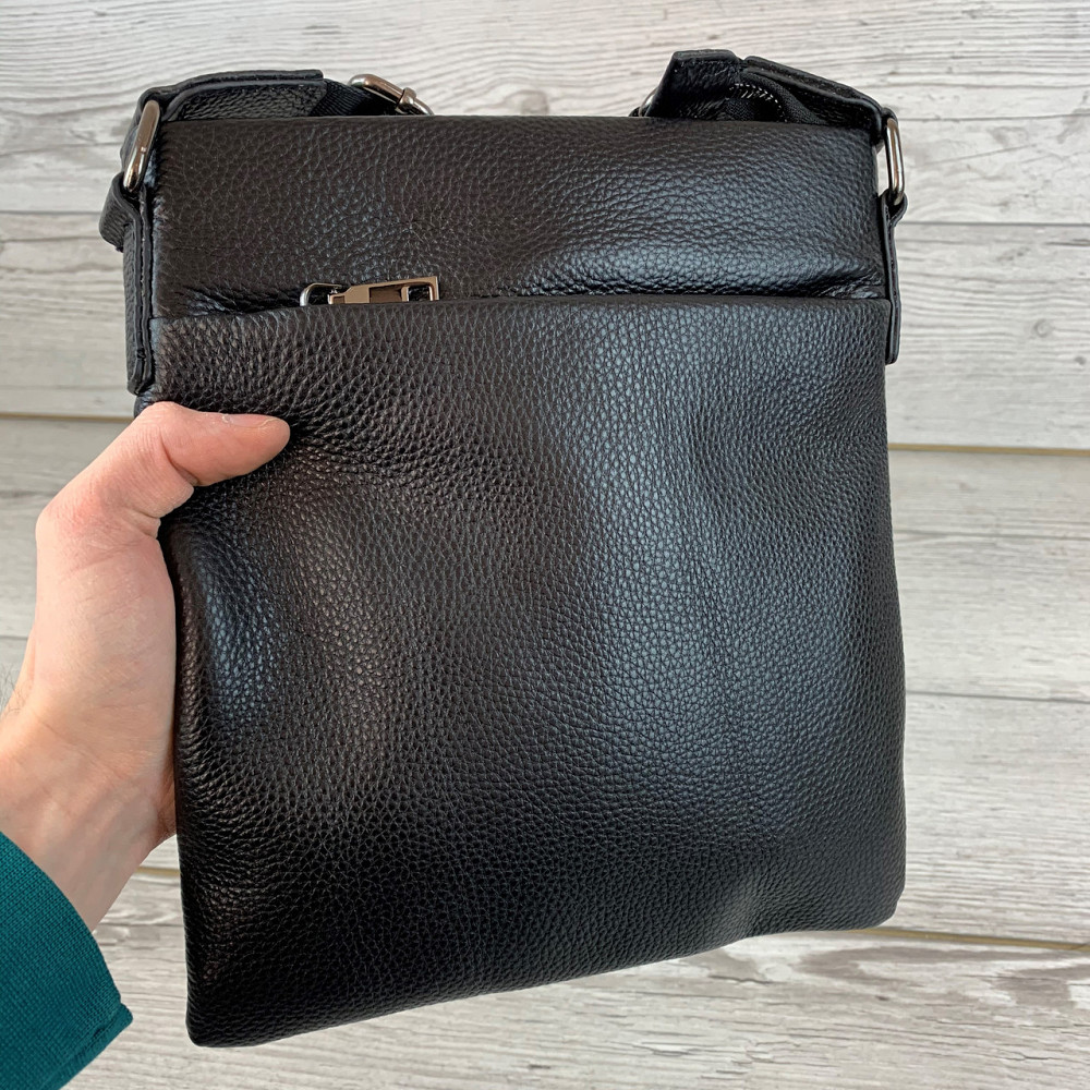 Чоловіча сумка через плече з натуральної шкіри каркасна маленька містка, чорнаMasterSem Київ - фото 2