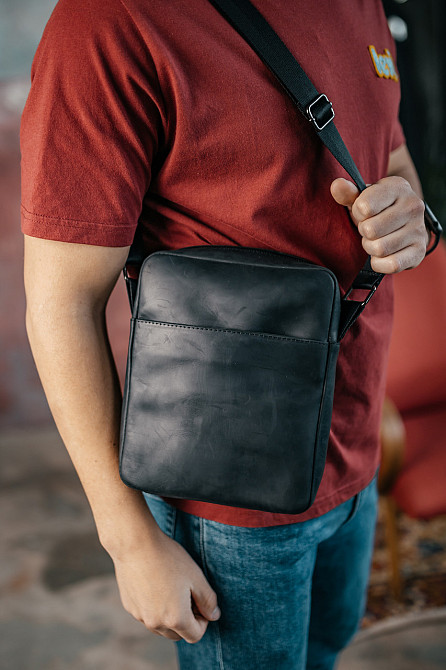 Чоловіча каркасна барсетка, чорна сумка через плече з натуральної шкіри Crazy HorseMasterSem Київ - фото 5