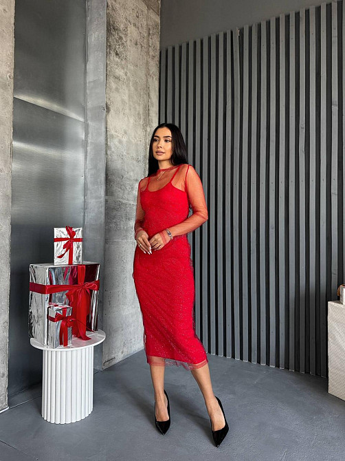 Жіноча елегантна вечірня міді-сукня віскоза та сітка блискітка Одеса - фото 5