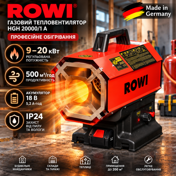 Азовий тепловентилятор ROWI HGH 20000/1 A 20 кВт, акумулятор 18 В 5,2 А·год, 9–20 кВт, 500 м³/год, IP24 Київ