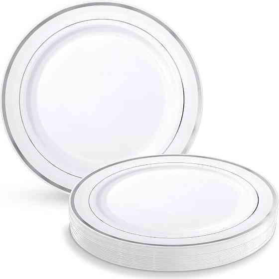 Набір тарілок пластикових 12 шт круглі, обідні 26 см і десертні 19 см, білі зі сріблястим контуром Кам'янець-Подільський