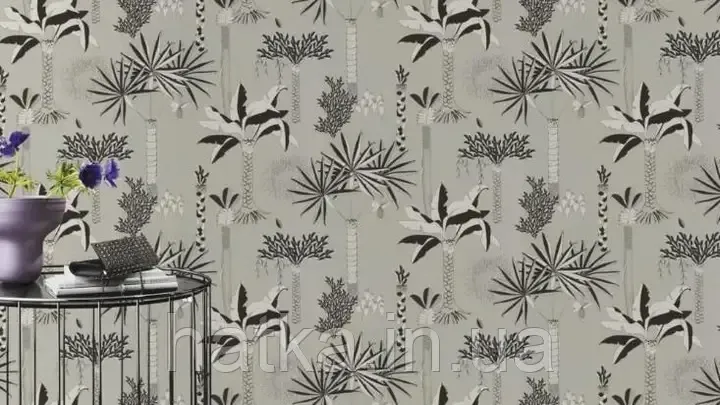 Шпалери вінілові на флізеліні Rasch Clasik 0,53х10 дитячі екзотичні дерева пальми квіти листя чорне на сірому Київ - фото 4