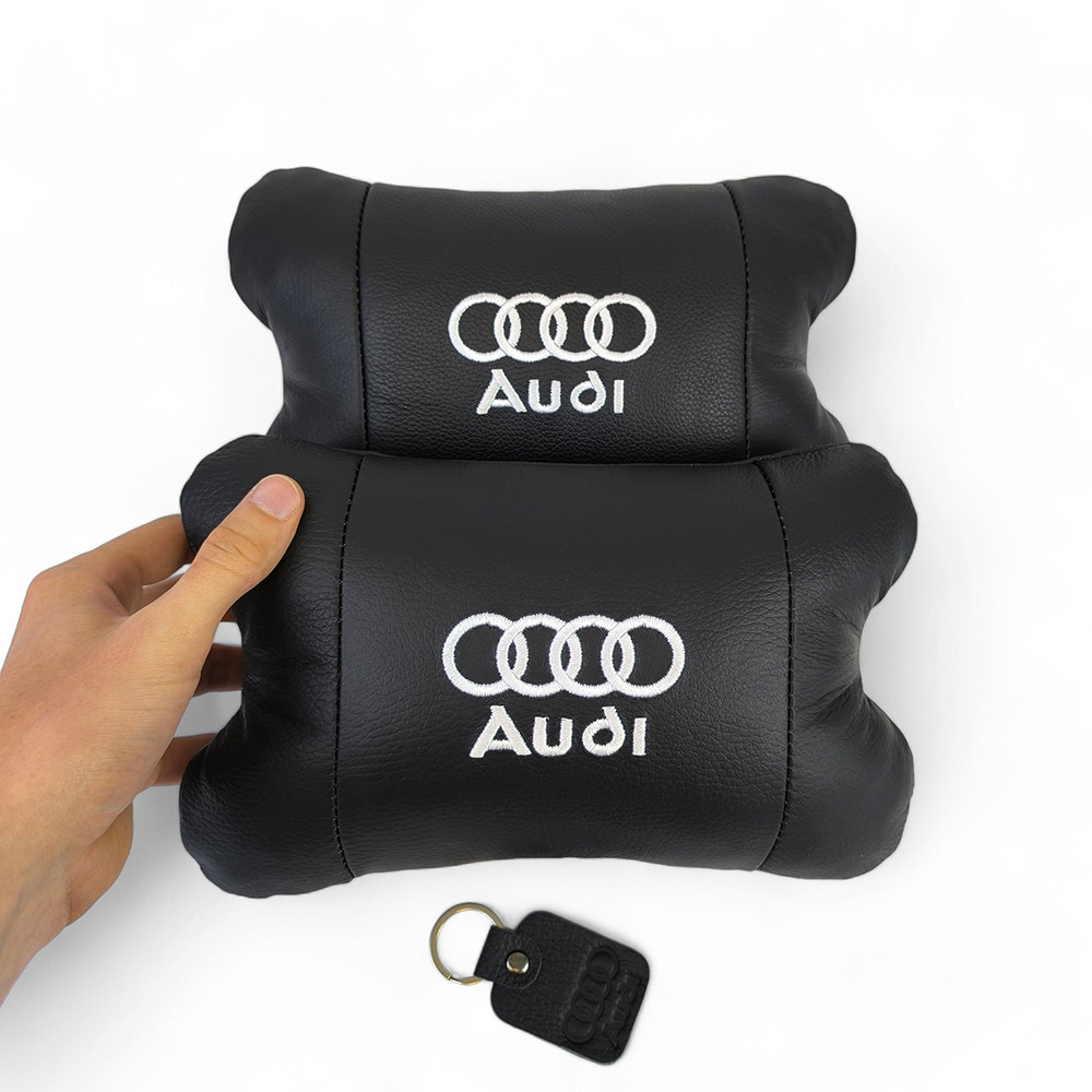 Набір автоподушок 2шт на підголівник Audi з натуральної шкіри чорні + брелок у подарунок Київ - фото 8