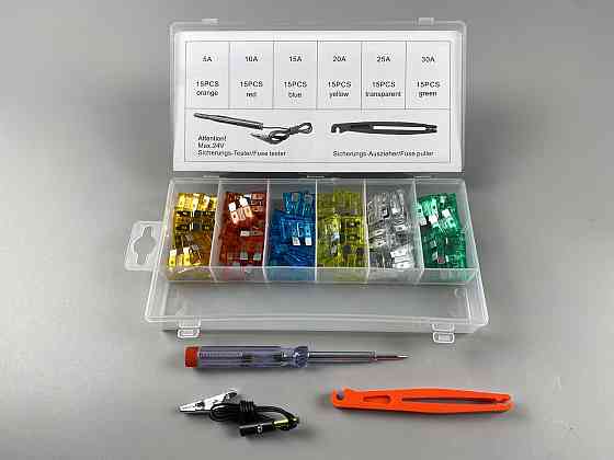 Набор предохранителей 93 шт  (5А, 10А, 15А, 20А, 25А, 30А) захват + тестер 6-24В пластиковый бокс Мукачево