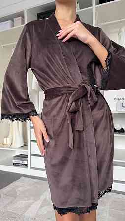 Женский халат на запах с кружевом велюр Шоколадный, 48/52 Одесса