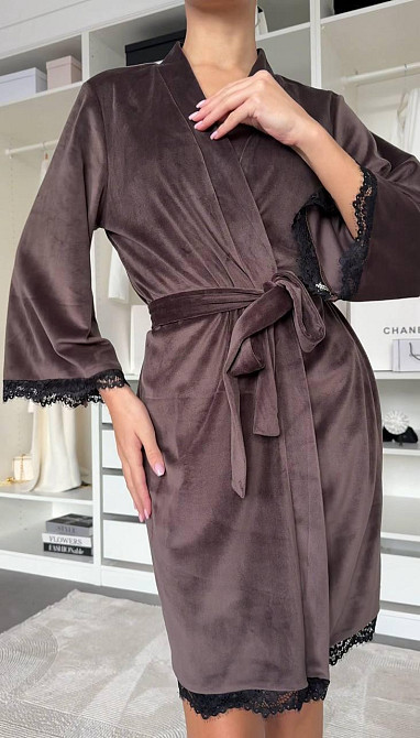 Жіночий халат із заходом із мереживом велюр Шоколадний, 48/52 Одеса - фото 1