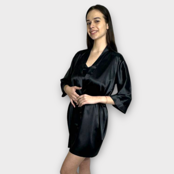 Халат женский атласный под пояс длина 90см Черный XL/2XL Харьков