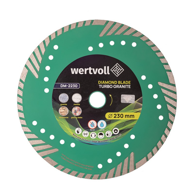 Диск алмазний WERTVOLL TURBO GRANITE 230×3 мм 24% висота алмазного шару 8 мм адаптер 22.2-20 мм 6650 об/хв DM-2230 Коломия - фото 3