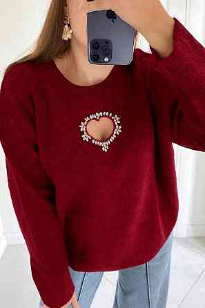 Жіночий светр універсального розміру з вирізом у вигляді серця машинна в'язка. Бордовий Одеса