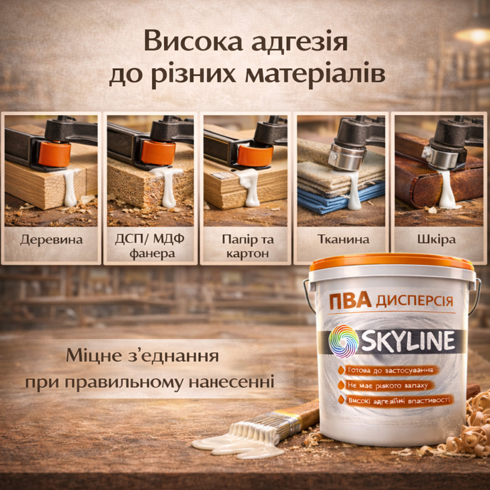 Клеєва дисперсія ПВА пластифікована SkyLine 5 кг універсальна, готова до застосування для дерева та будівельних сумішей Харків - фото 4