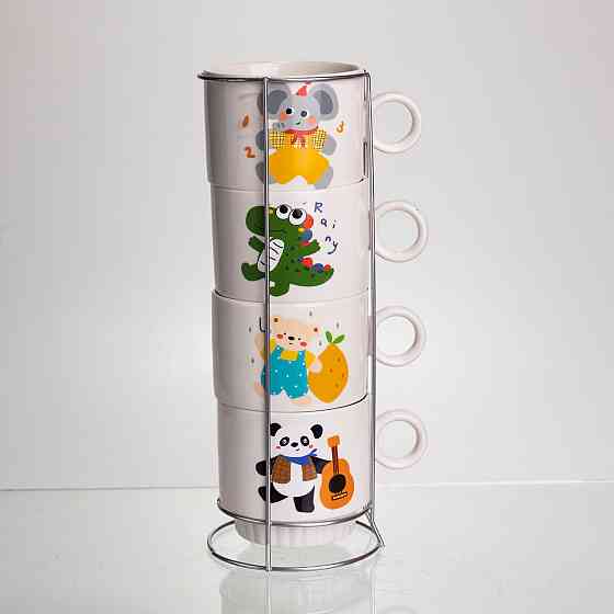 Набір порцелянових чашок для дітей на металевій підставці Animals 4 (шт) по 300 (мл) подарунковий набір чашок FM-8 Коломия