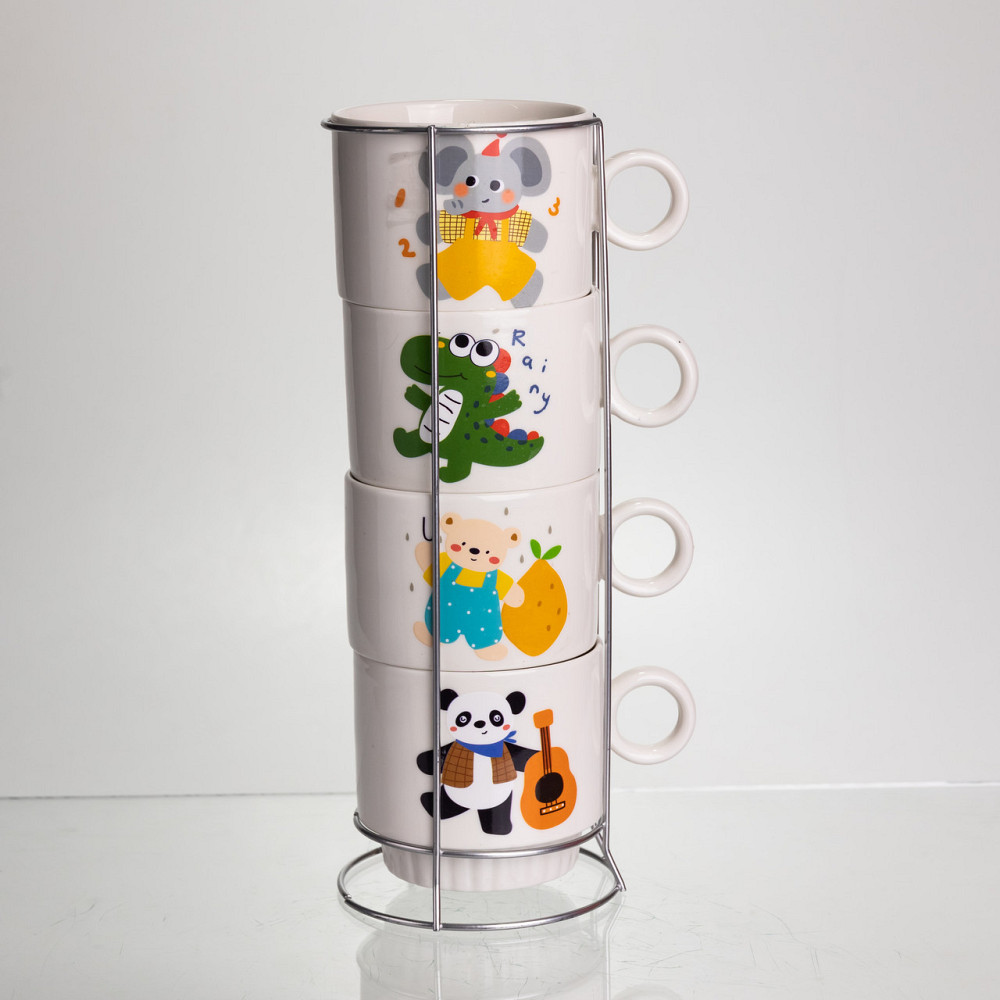 Набір порцелянових чашок для дітей на металевій підставці Animals 4 (шт) по 300 (мл) подарунковий набір чашок FM-8 Коломия - фото 2